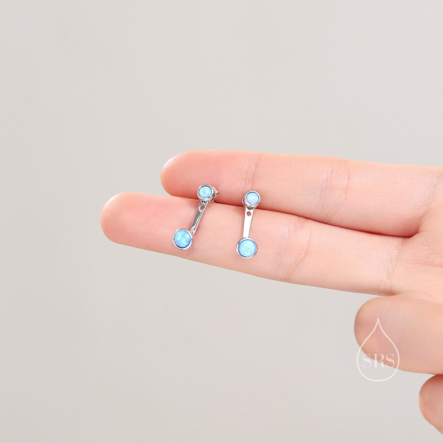 Blue Opal Ear Jacket in Sterling Silver, Silver or Gold, Lab Blue Opal Bezel Earrings, Front and Back Earrings