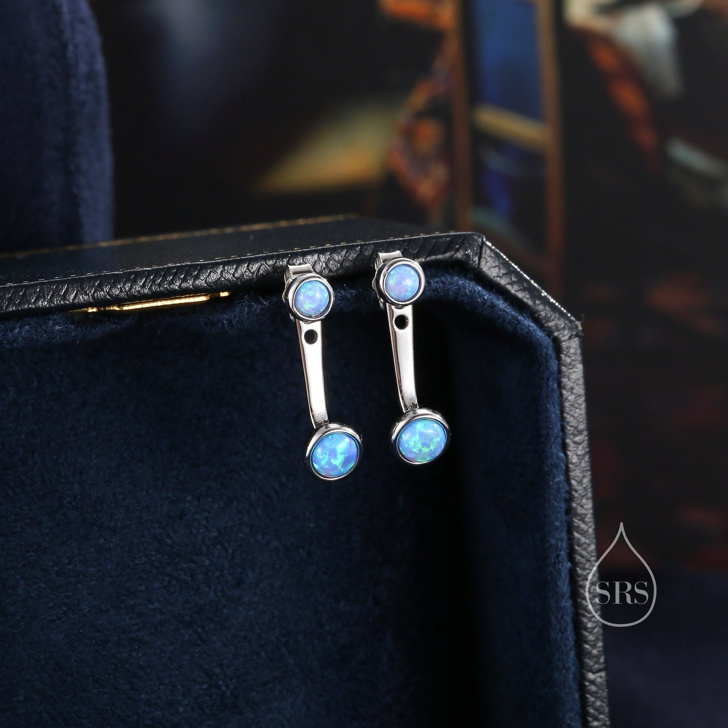 Blue Opal Ear Jacket in Sterling Silver,  Silver or Gold, Lab Blue Opal Bezel Earrings, Front and Back Earrings