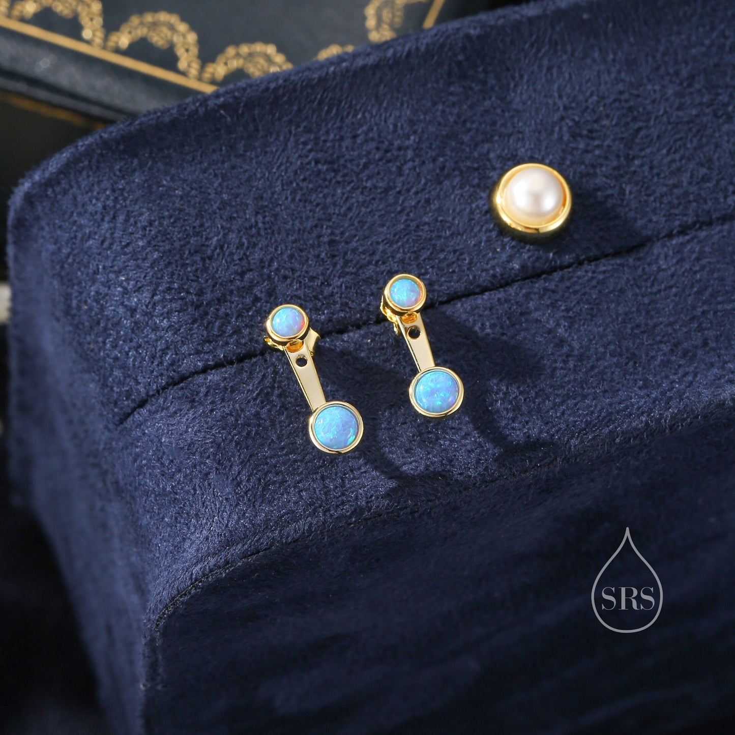 Blue Opal Ear Jacket in Sterling Silver, Silver or Gold, Lab Blue Opal Bezel Earrings, Front and Back Earrings