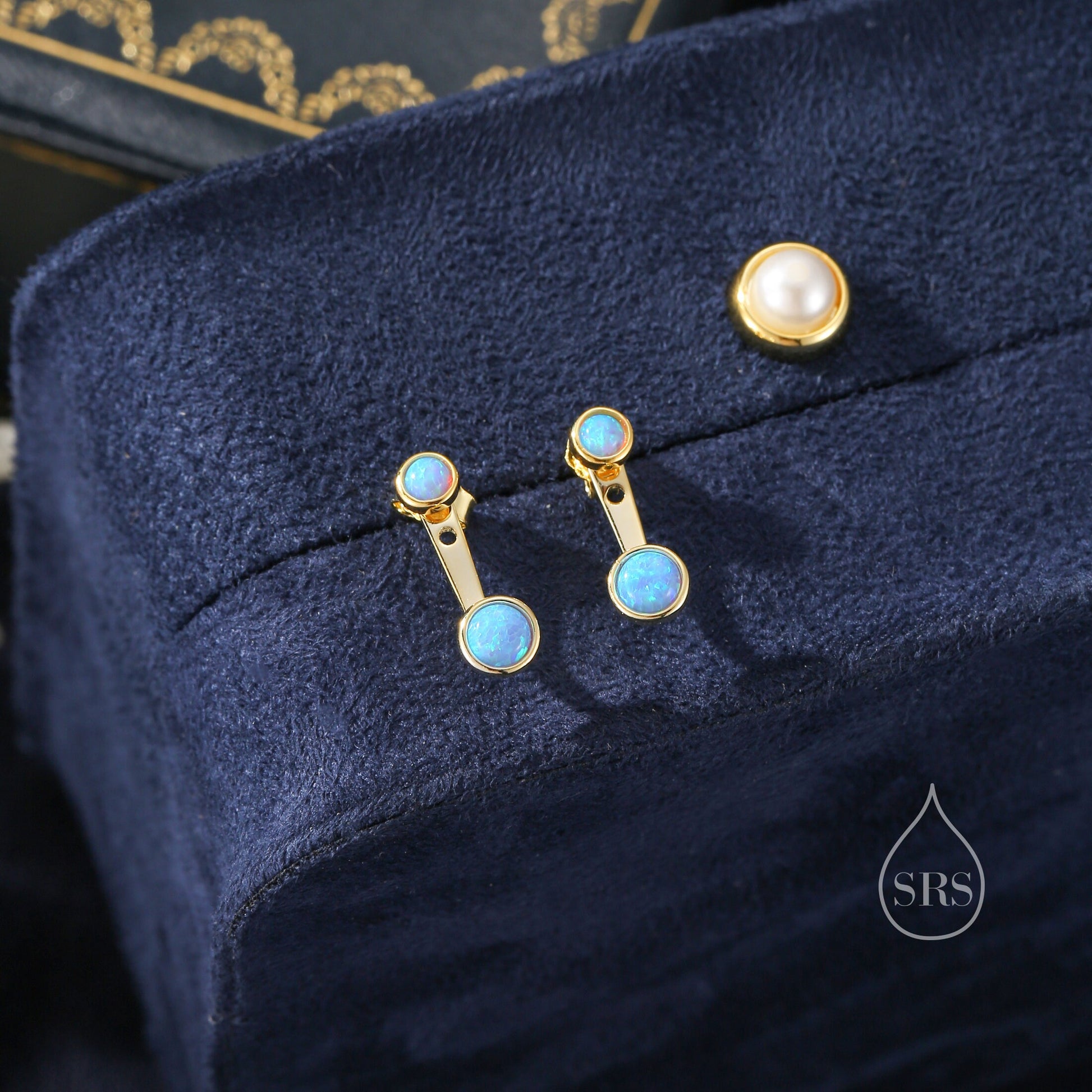 Blue Opal Ear Jacket in Sterling Silver, Silver or Gold, Lab Blue Opal Bezel Earrings, Front and Back Earrings