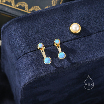 Blue Opal Ear Jacket in Sterling Silver,  Silver or Gold, Lab Blue Opal Bezel Earrings, Front and Back Earrings