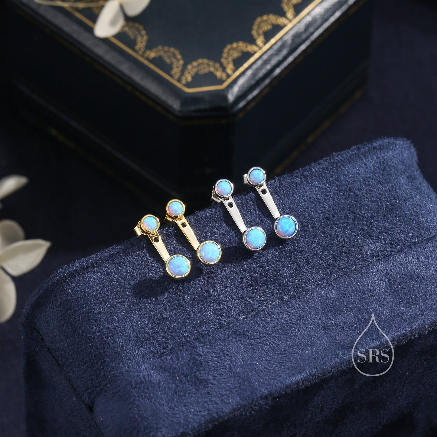 Blue Opal Ear Jacket in Sterling Silver, Silver or Gold, Lab Blue Opal Bezel Earrings, Front and Back Earrings