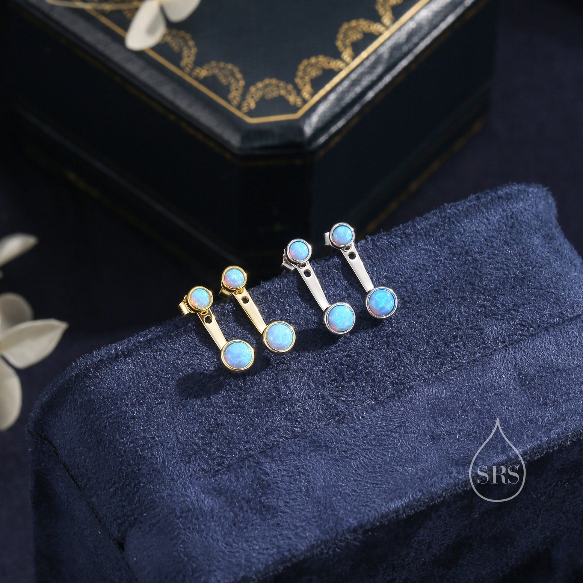 Blue Opal Ear Jacket in Sterling Silver, Silver or Gold, Lab Blue Opal Bezel Earrings, Front and Back Earrings