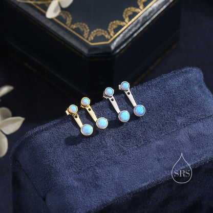 Blue Opal Ear Jacket in Sterling Silver,  Silver or Gold, Lab Blue Opal Bezel Earrings, Front and Back Earrings