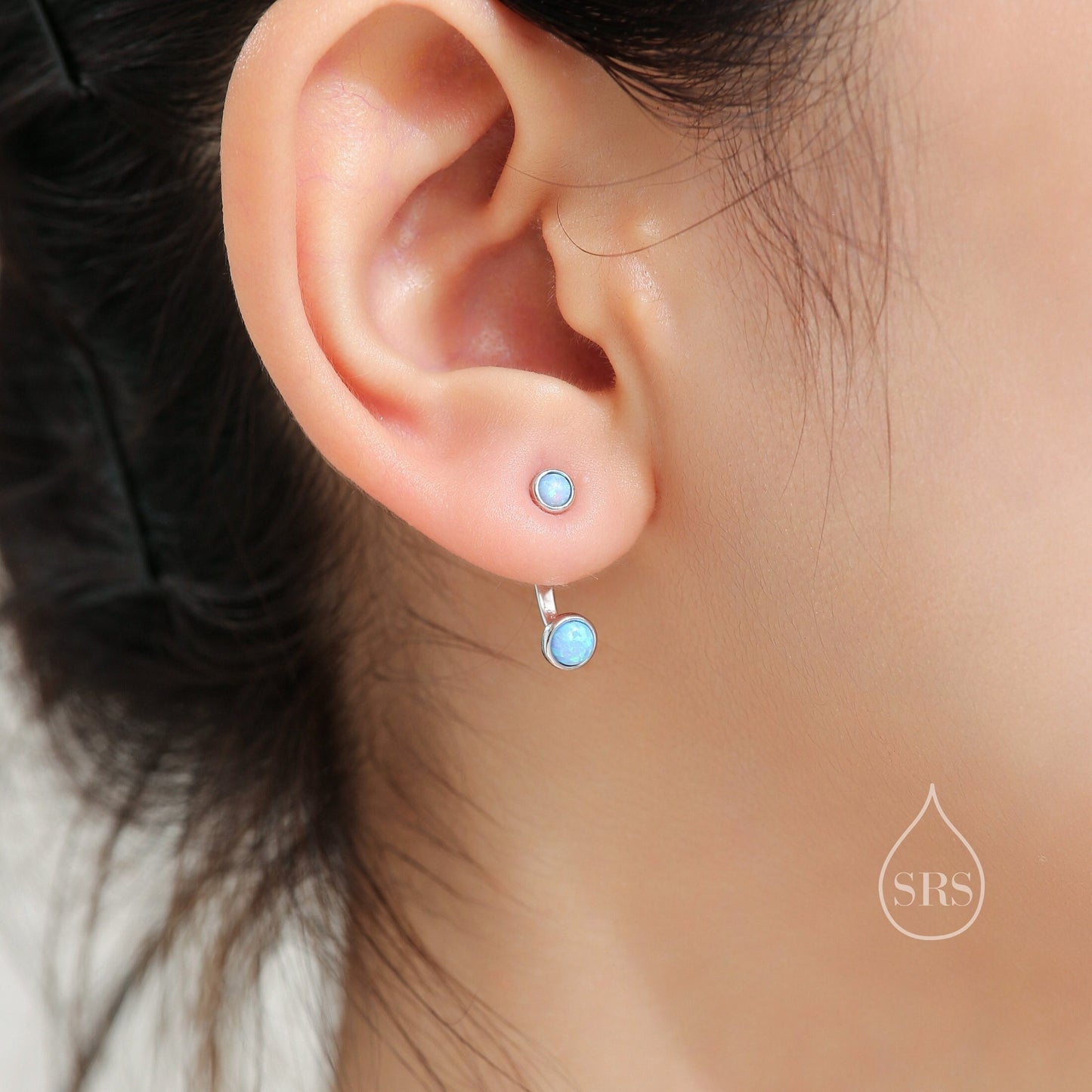 Blue Opal Ear Jacket in Sterling Silver, Silver or Gold, Lab Blue Opal Bezel Earrings, Front and Back Earrings