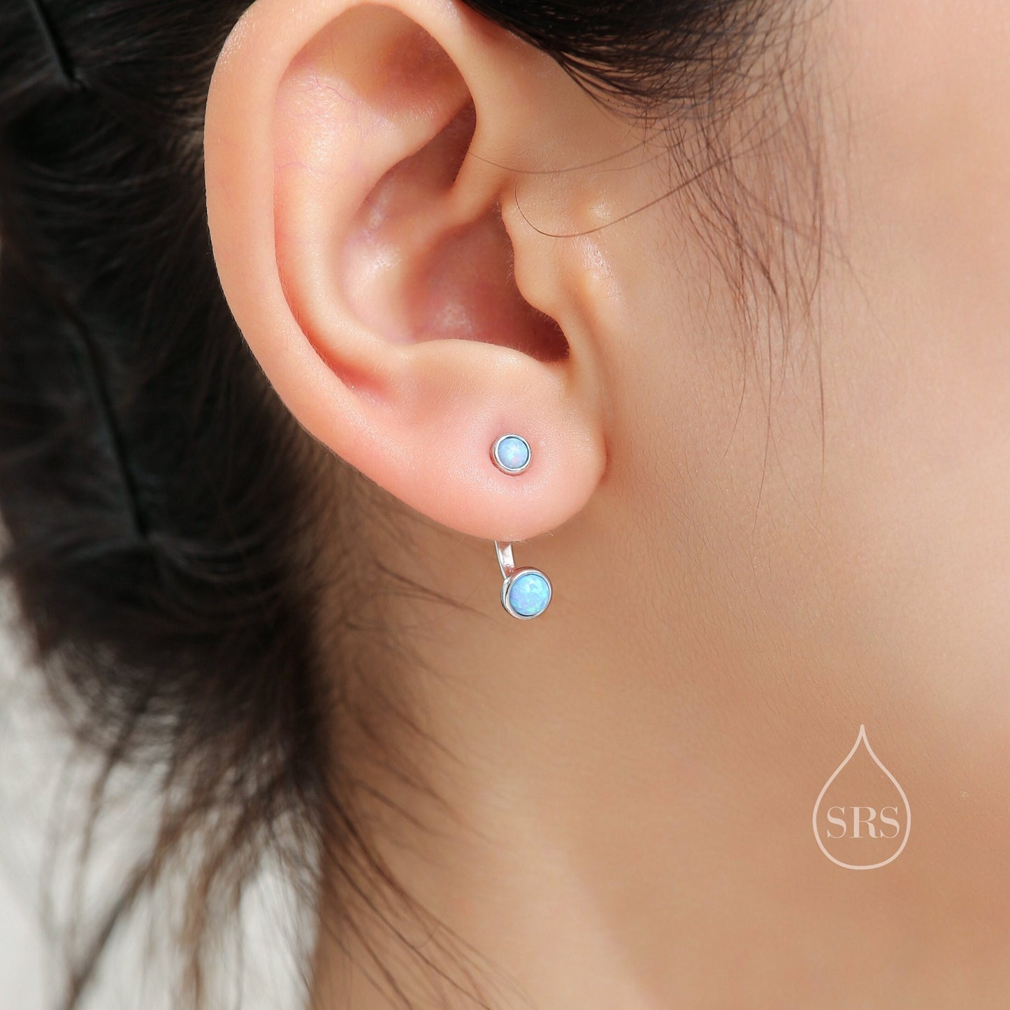 Blue Opal Ear Jacket in Sterling Silver,  Silver or Gold, Lab Blue Opal Bezel Earrings, Front and Back Earrings