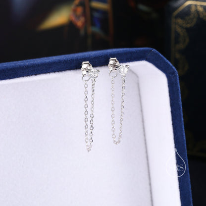 CZ and Chain Ear Jacket in Sterling Silver,  Silver or Gold, Front and Back Earrings, Two Part Earrings, CZ with Linking Chain Earrings