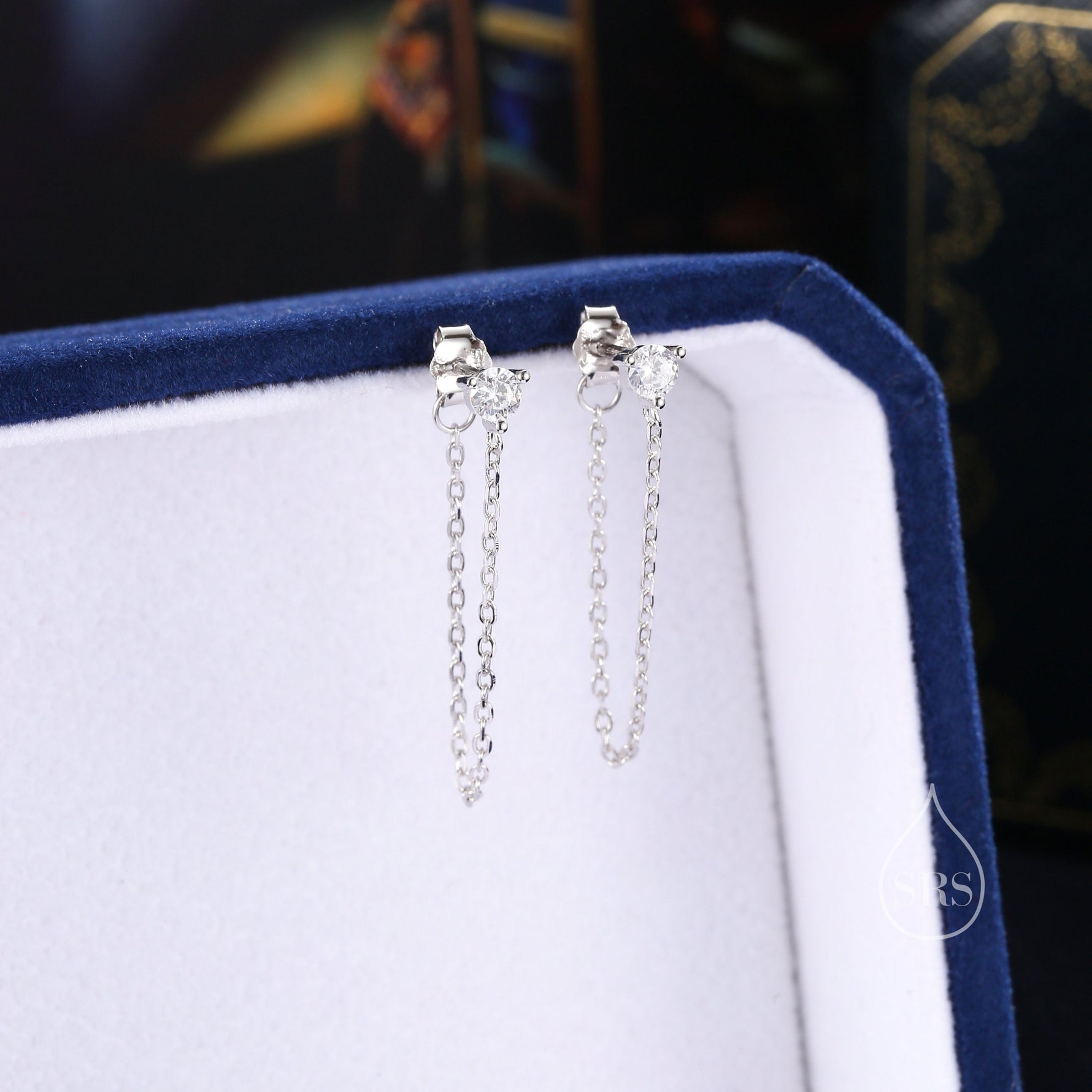 CZ and Chain Ear Jacket in Sterling Silver, Silver or Gold, Front and Back Earrings, Two Part Earrings, CZ with Linking Chain Earrings