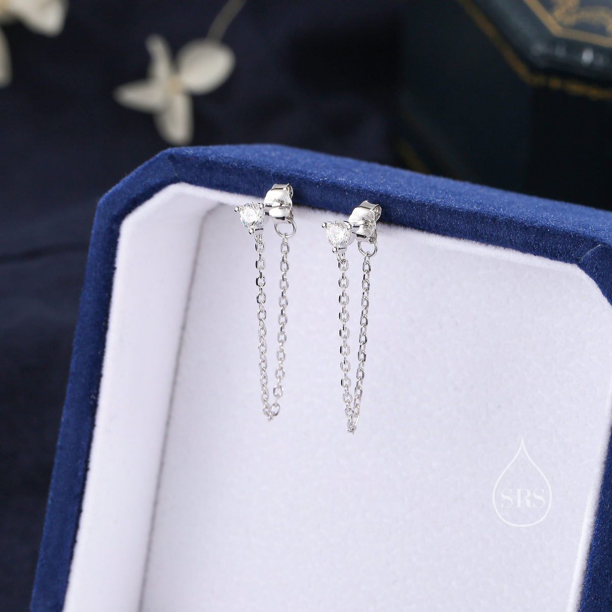 CZ and Chain Ear Jacket in Sterling Silver, Silver or Gold, Front and Back Earrings, Two Part Earrings, CZ with Linking Chain Earrings