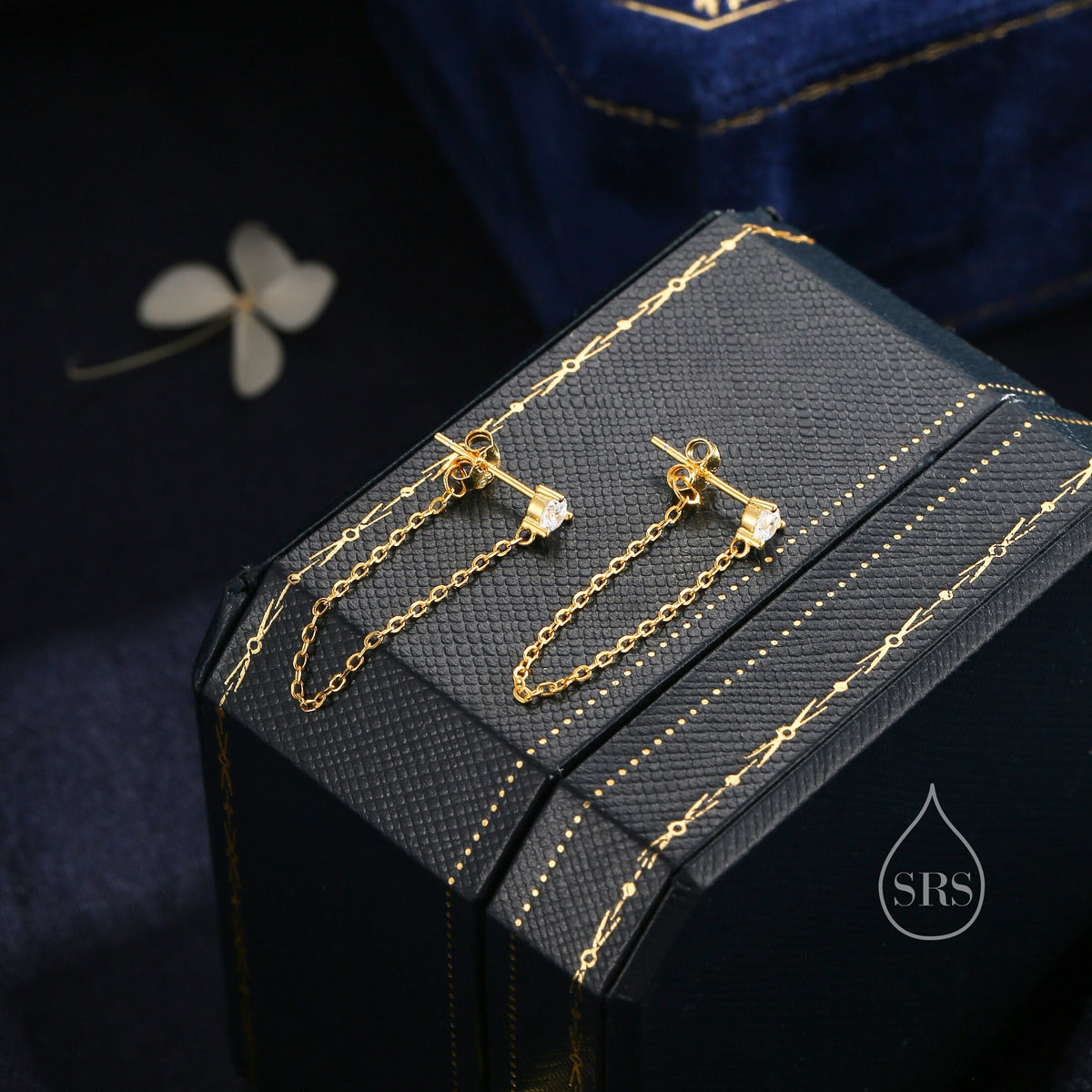 CZ and Chain Ear Jacket in Sterling Silver, Silver or Gold, Front and Back Earrings, Two Part Earrings, CZ with Linking Chain Earrings