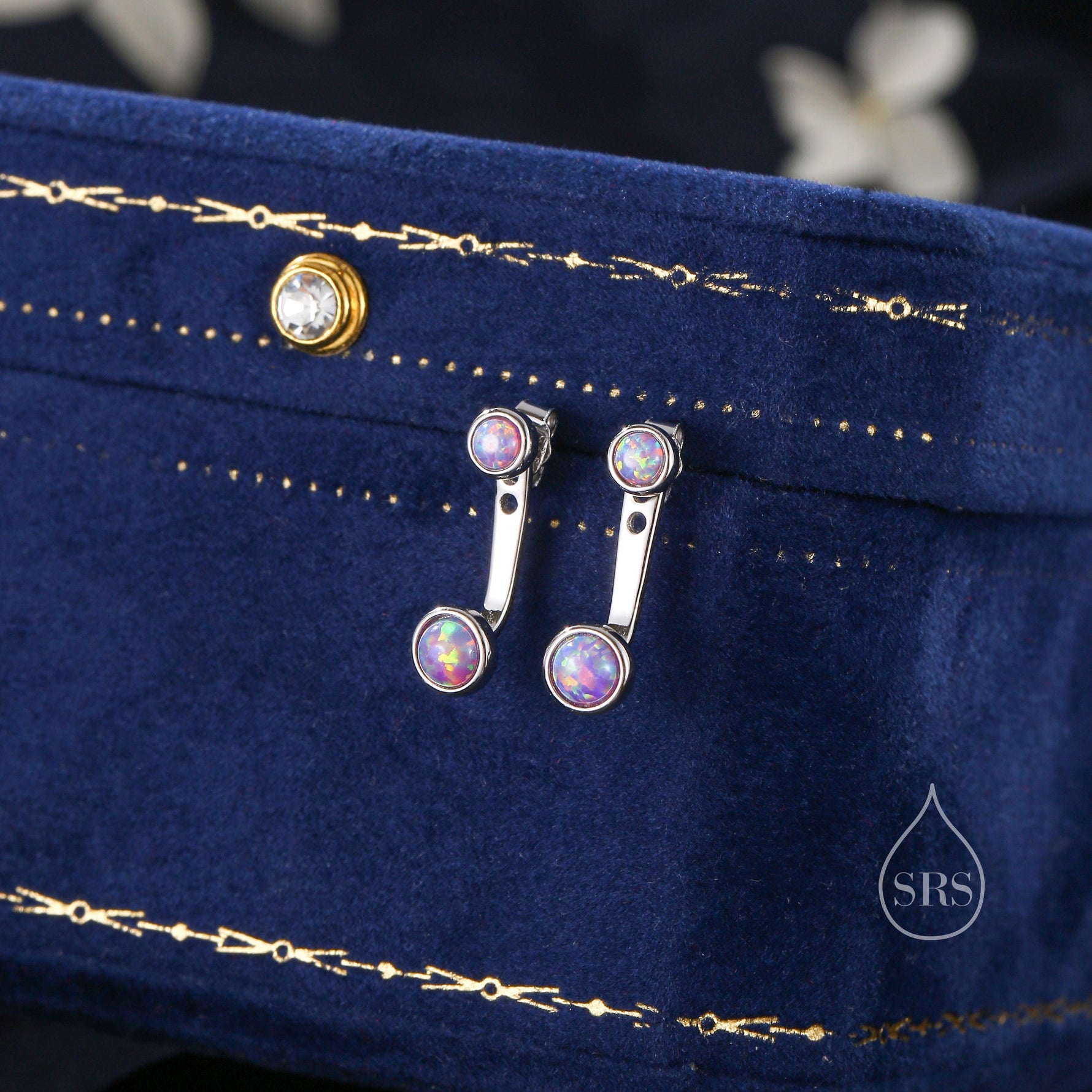 Purple Opal Ear Jacket in Sterling Silver, Silver or Gold, Lab Purple Opal Bezel Earrings, Front and Back Earrings