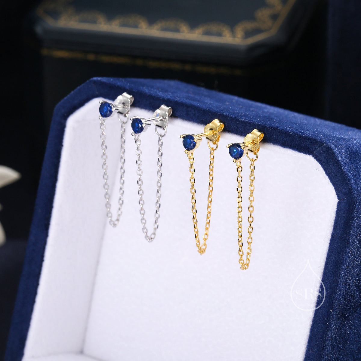 Sapphire Blue CZ and Chain Ear Jacket in Sterling Silver, Silver or Gold, Front and Back Earrings, Two Part Earrings, Earring with Chain