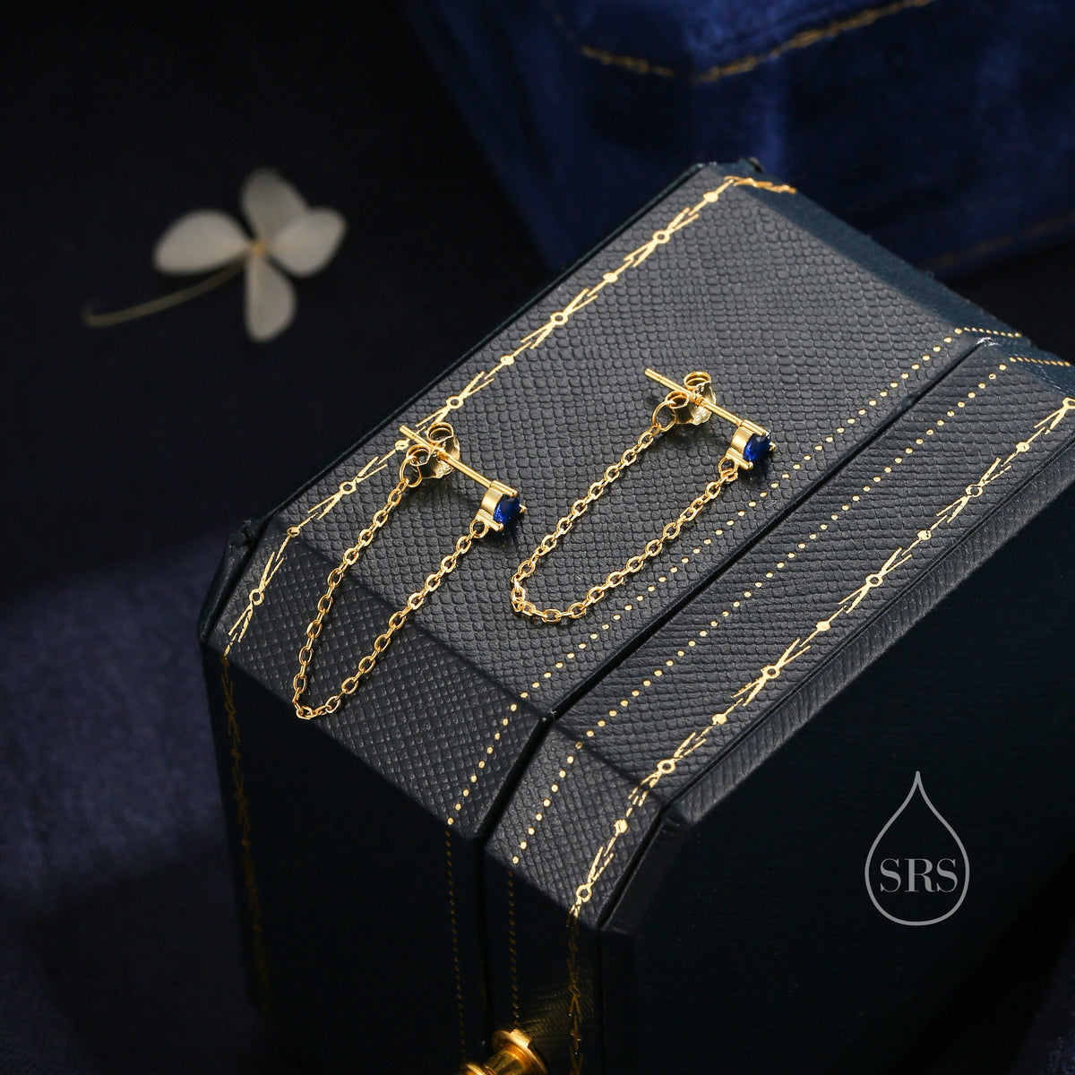 Sapphire Blue CZ and Chain Ear Jacket in Sterling Silver, Silver or Gold, Front and Back Earrings, Two Part Earrings, Earring with Chain