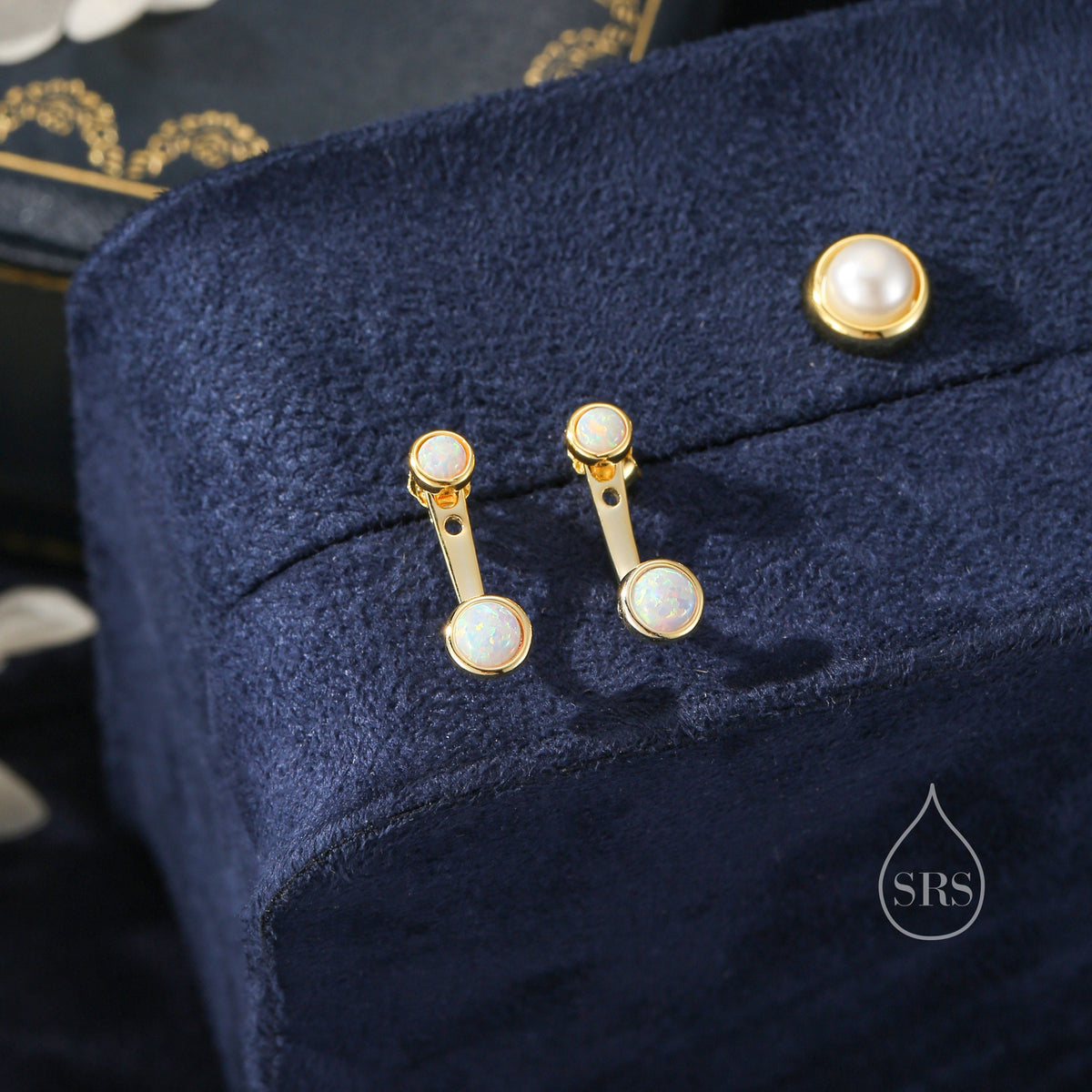 White Opal Ear Jacket in Sterling Silver, Silver or Gold, Lab Opal Bezel Earrings, Front and Back Fire Opal Earrings