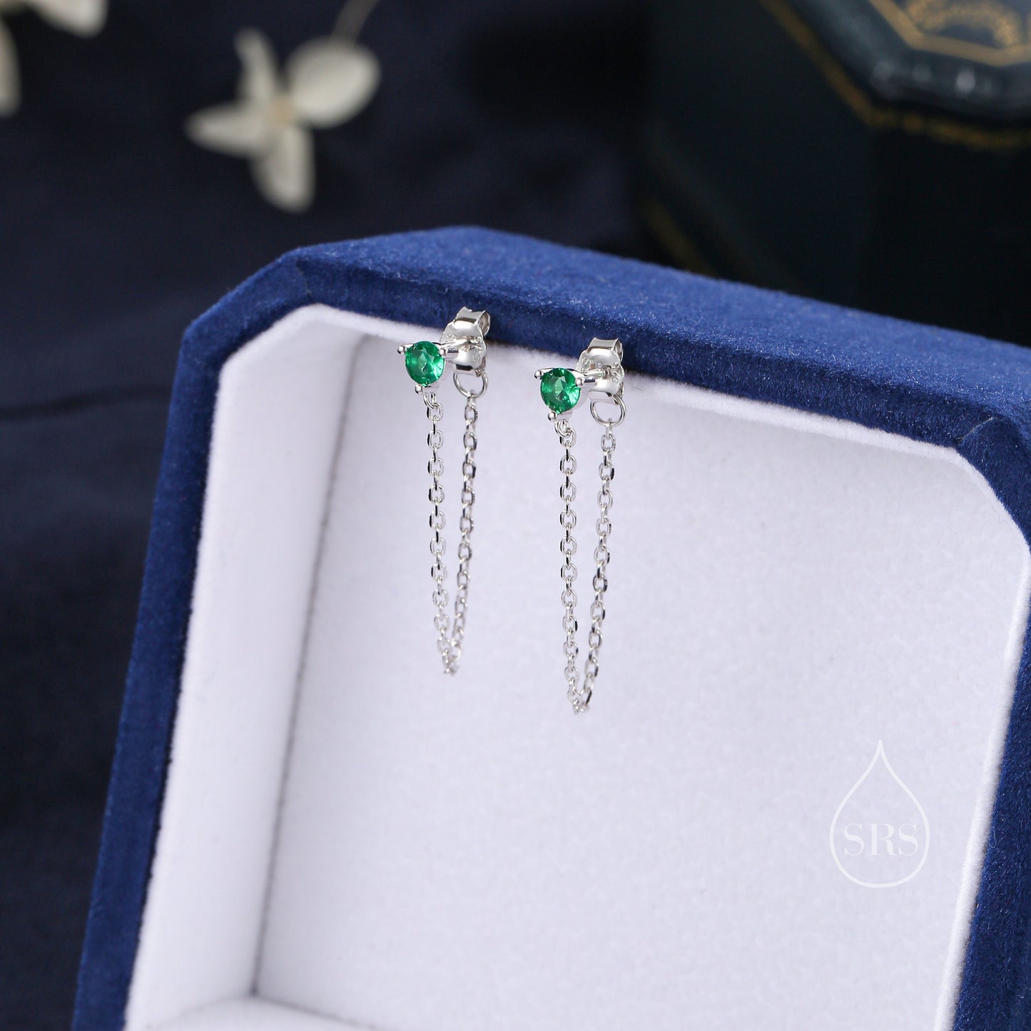 Emerald Green CZ and Chain Ear Jacket in Sterling Silver,  Silver or Gold, Front and Back Earrings, Two Part Earrings, Earring with Chain