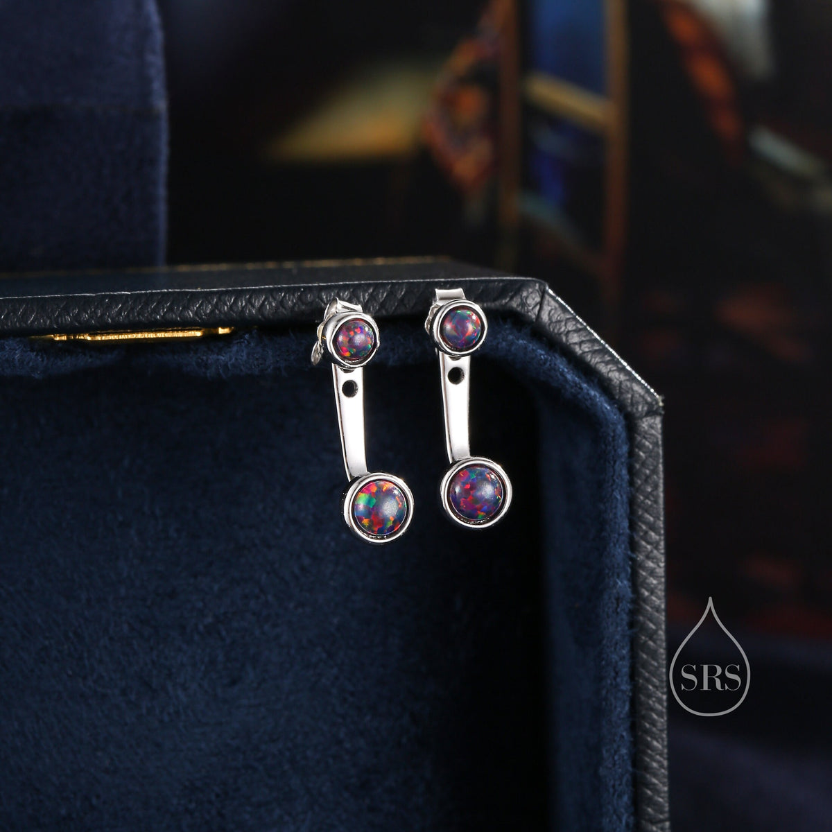 Black Opal Ear Jacket in Sterling Silver, Silver or Gold, Lab Opal Bezel Earrings, Front and Back Black Opal Earrings