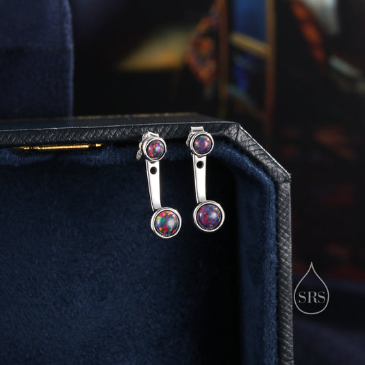 Black Opal Ear Jacket in Sterling Silver, Silver or Gold, Lab Opal Bezel Earrings, Front and Back Black Opal Earrings