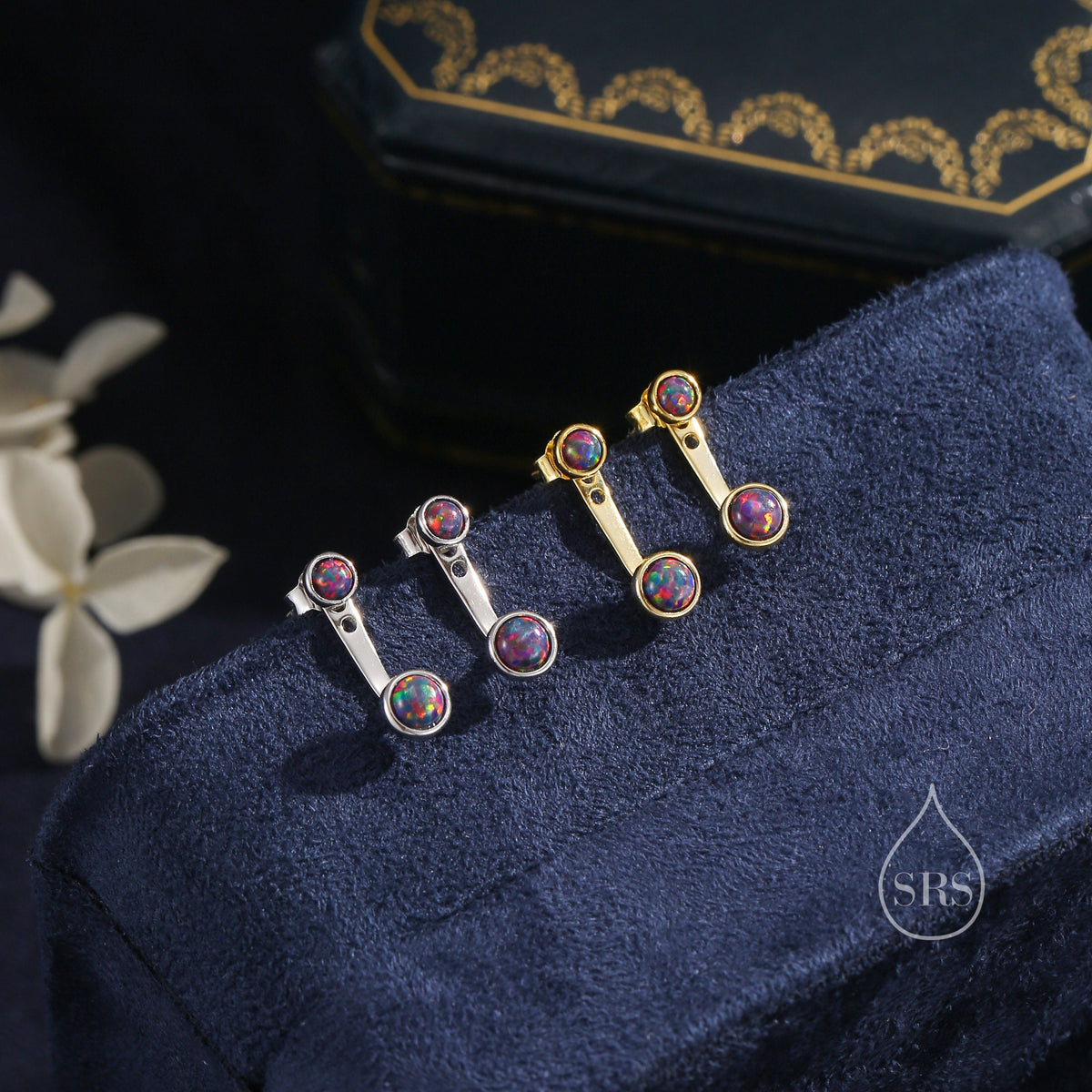 Black Opal Ear Jacket in Sterling Silver, Silver or Gold, Lab Opal Bezel Earrings, Front and Back Black Opal Earrings