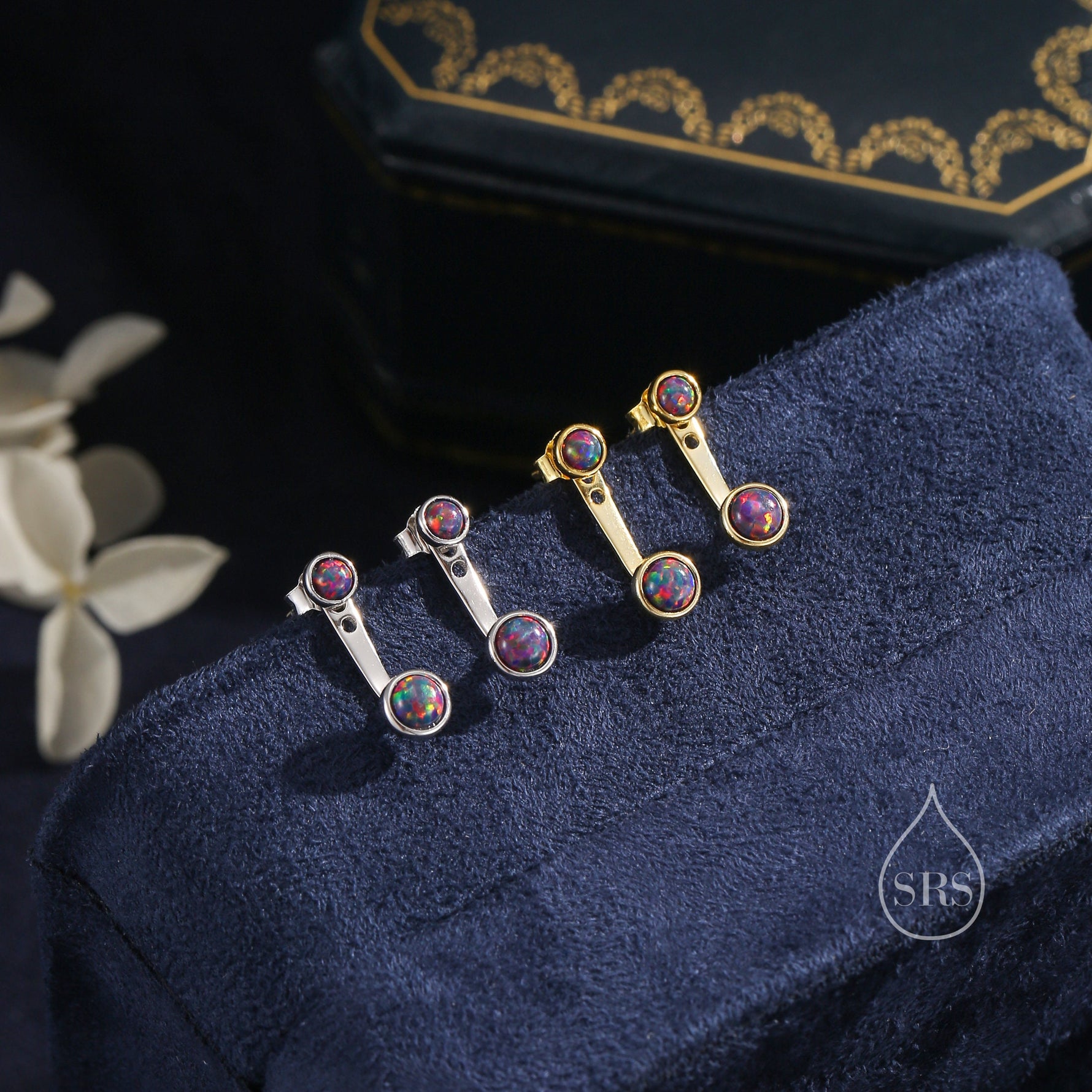 Black Opal Ear Jacket in Sterling Silver, Silver or Gold, Lab Opal Bezel Earrings, Front and Back Black Opal Earrings