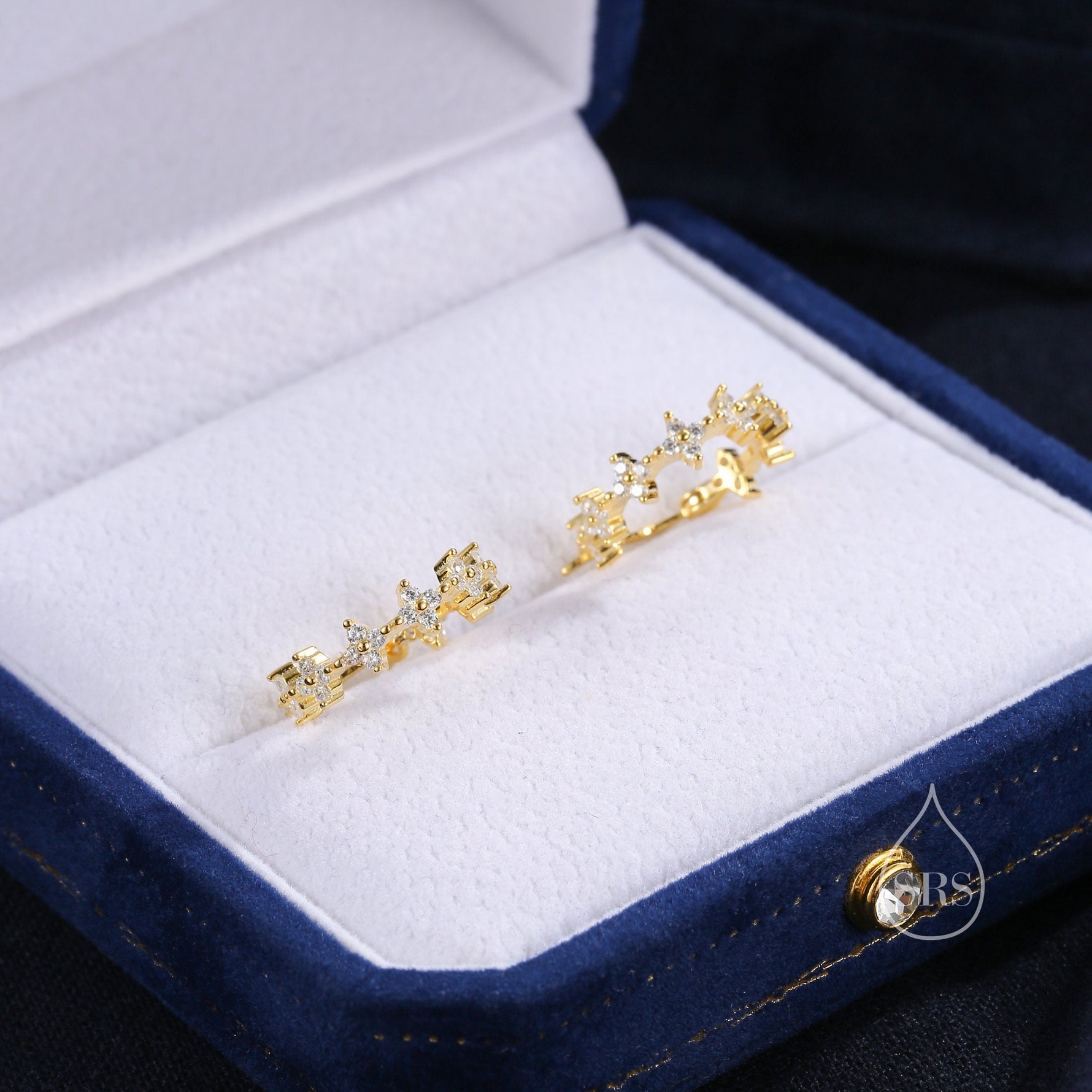 Hydangea Flower Motif Hoop Earrings in Sterling Silver, Silver, Gold, CZ Flower Hoops