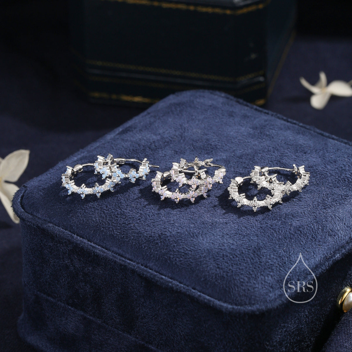 Hydangea Flower Motif Hoop Earrings in Sterling Silver, Silver, Gold, CZ Flower Hoops