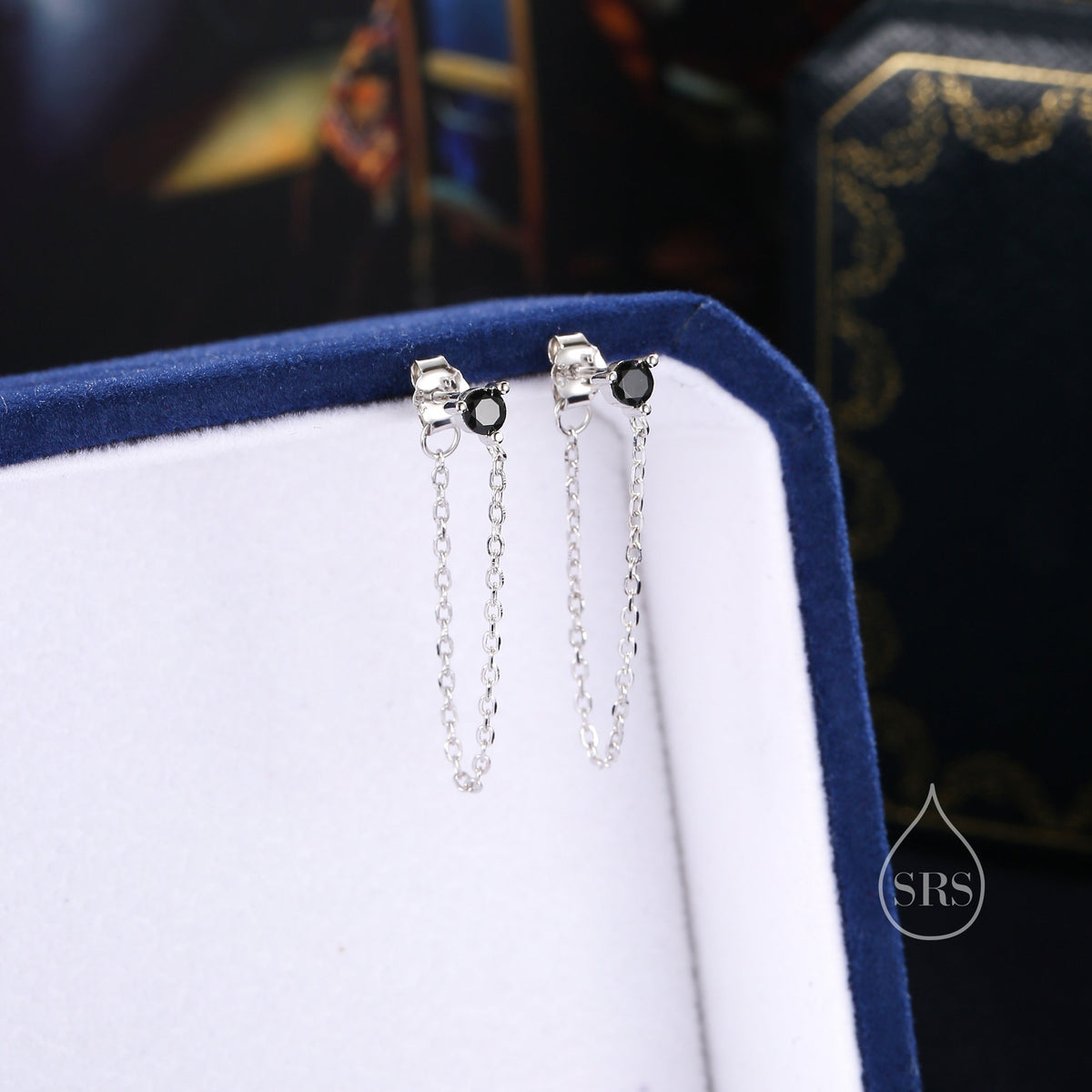 Black CZ and Chain Ear Jacket in Sterling Silver, Silver or Gold, Front and Back Earrings, Two Part Earrings, Earring with Chain