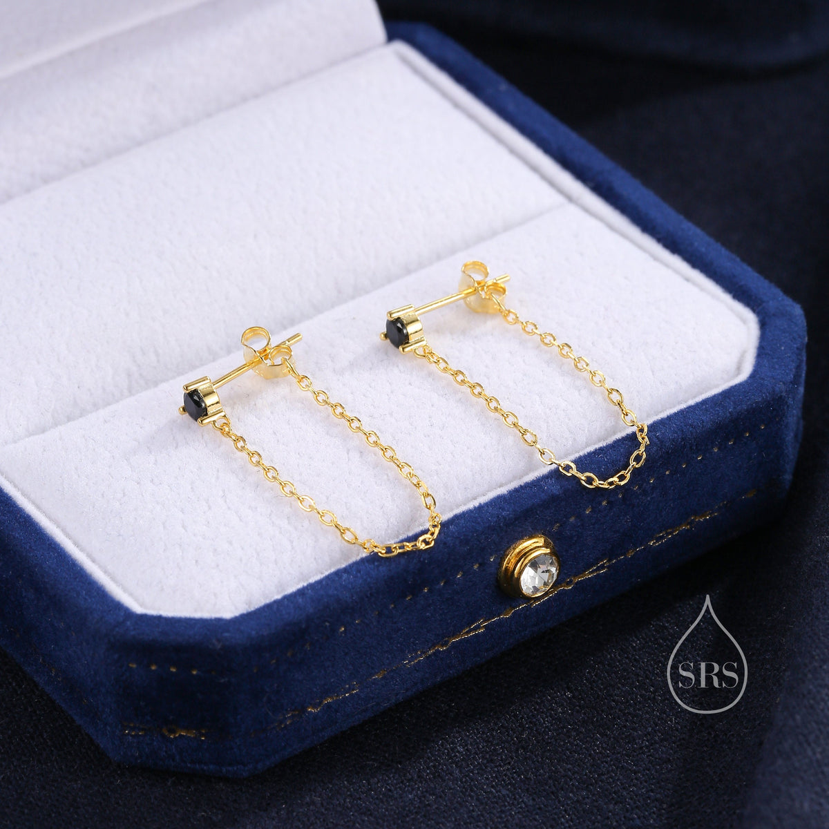 Black CZ and Chain Ear Jacket in Sterling Silver, Silver or Gold, Front and Back Earrings, Two Part Earrings, Earring with Chain