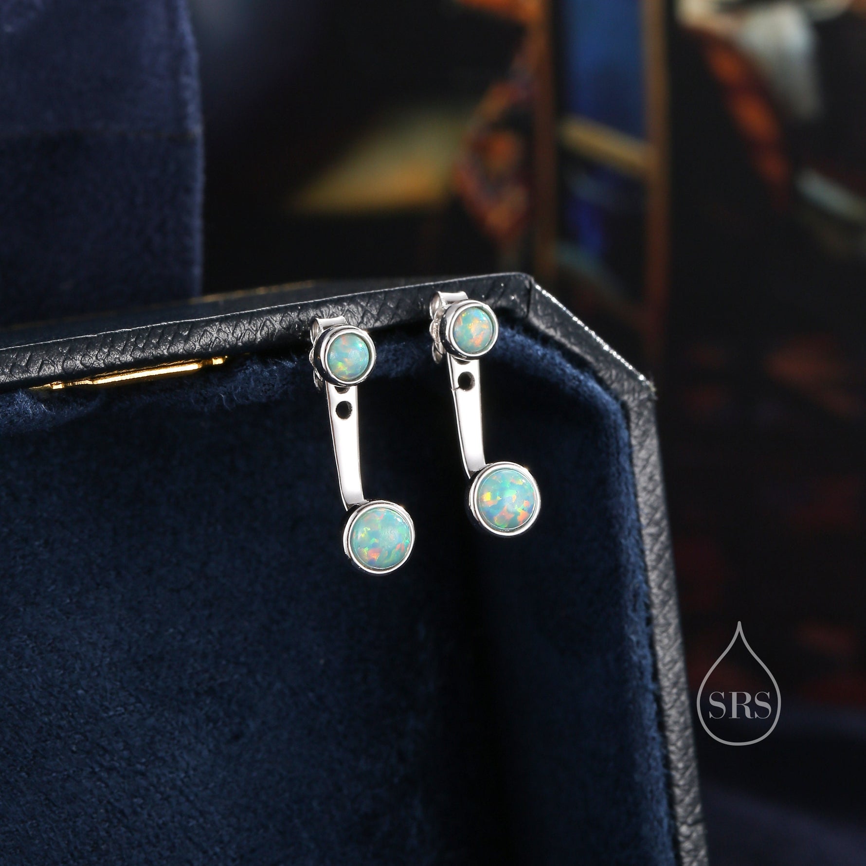 Auqa Green Opal Ear Jacket in Sterling Silver, Silver or Gold, Lab Opal Bezel Earrings, Front and Back Green Opal Earrings