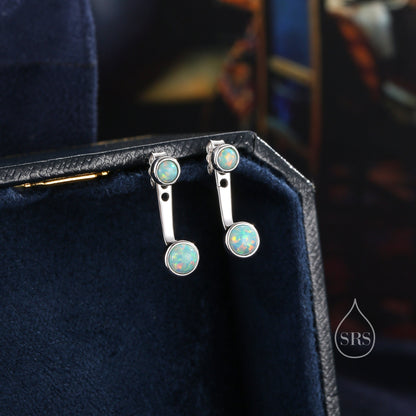 Auqa Green Opal Ear Jacket in Sterling Silver, Silver or Gold, Lab Opal Bezel Earrings, Front and Back Green Opal Earrings