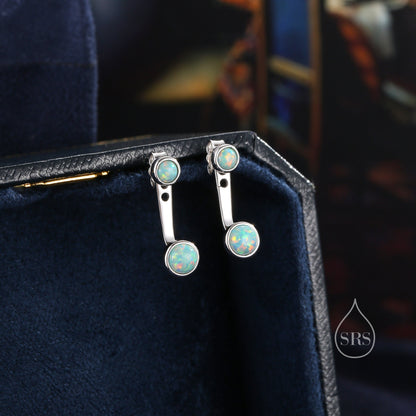 Auqa Green Opal Ear Jacket in Sterling Silver,  Silver or Gold, Lab Opal Bezel Earrings, Front and Back Green Opal Earrings