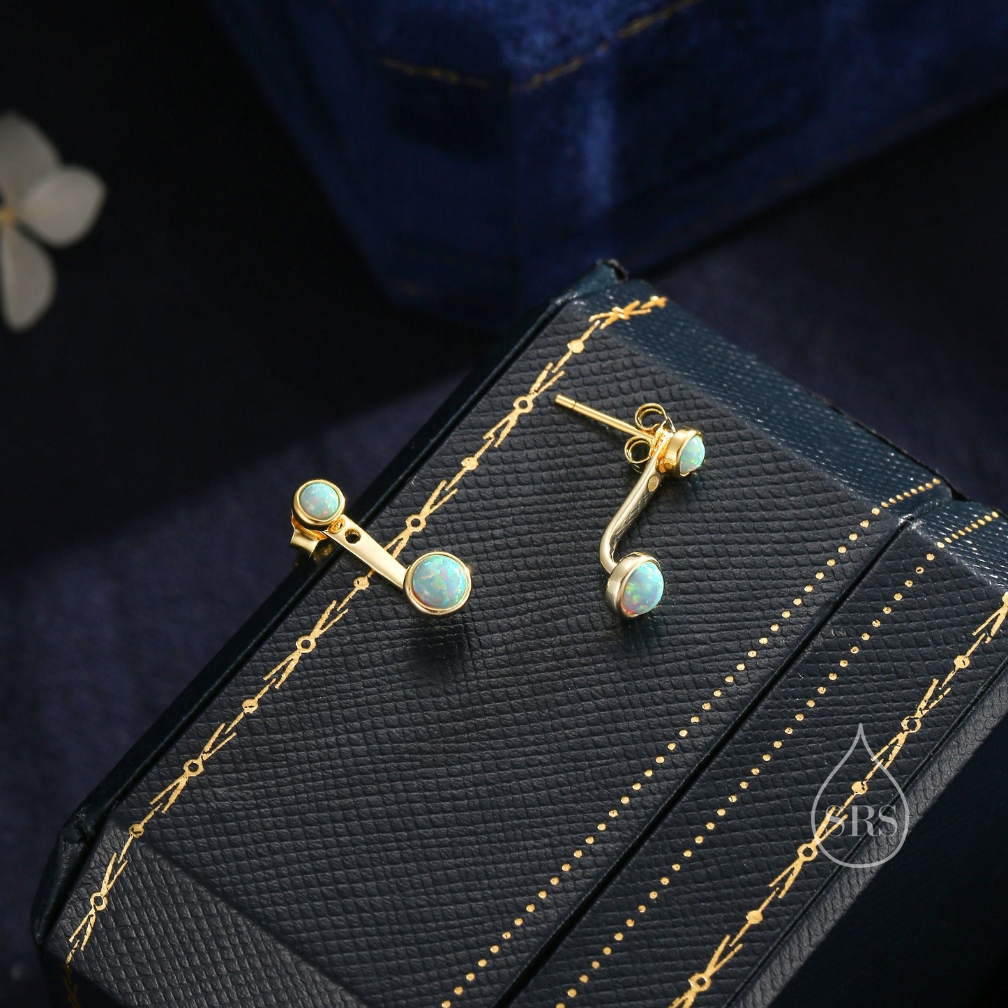 Auqa Green Opal Ear Jacket in Sterling Silver, Silver or Gold, Lab Opal Bezel Earrings, Front and Back Green Opal Earrings