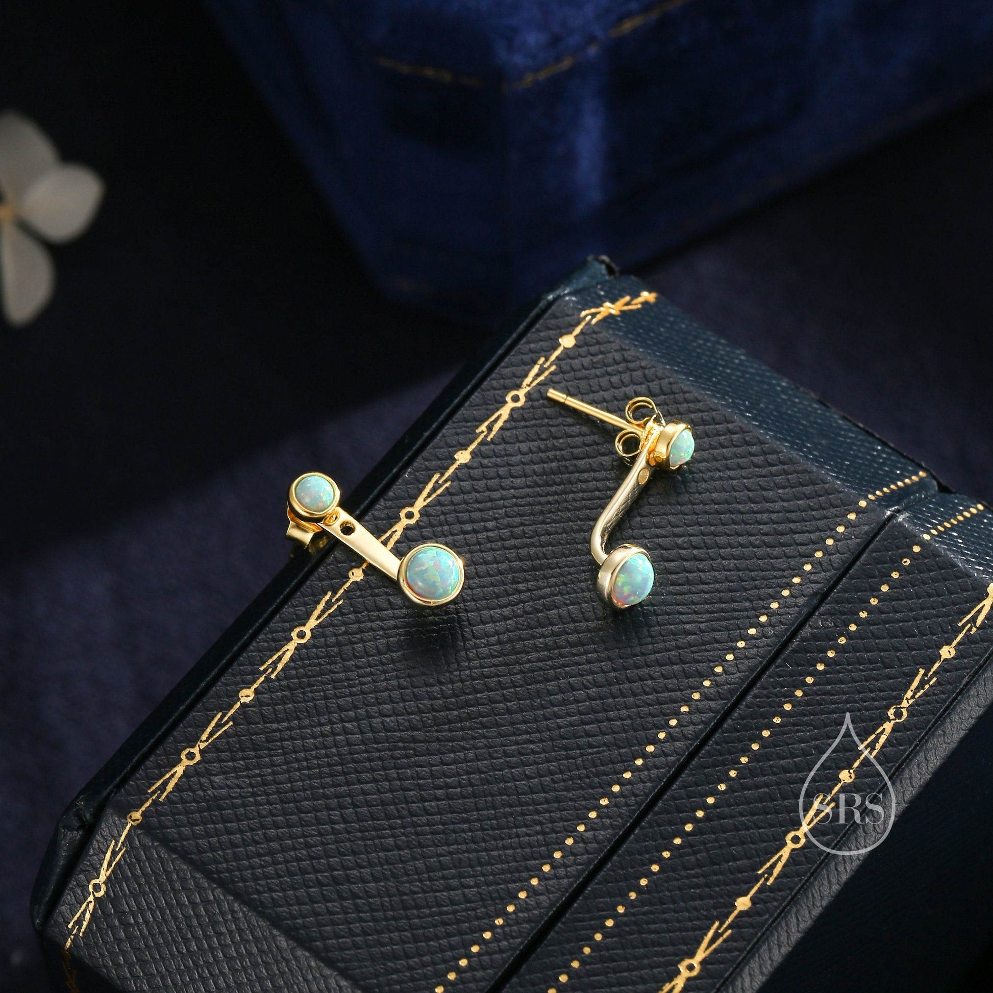 Auqa Green Opal Ear Jacket in Sterling Silver, Silver or Gold, Lab Opal Bezel Earrings, Front and Back Green Opal Earrings