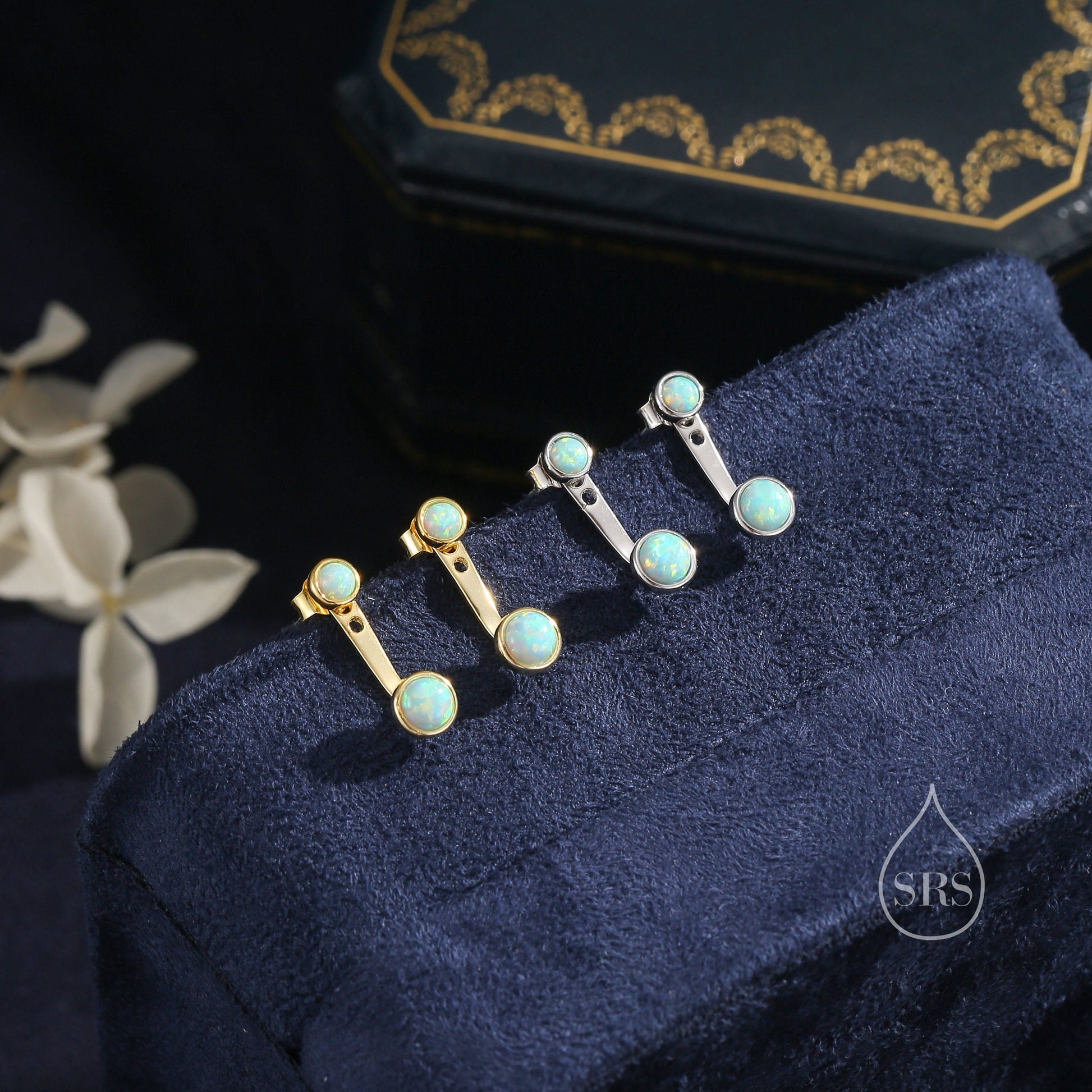 Auqa Green Opal Ear Jacket in Sterling Silver, Silver or Gold, Lab Opal Bezel Earrings, Front and Back Green Opal Earrings