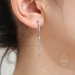 Tiny CZ Trio Chain Dangle Huggie Hoop in Sterling Silver, Silver or Gold or Rose Gold, Skinny Three CZ Drop Earrings
