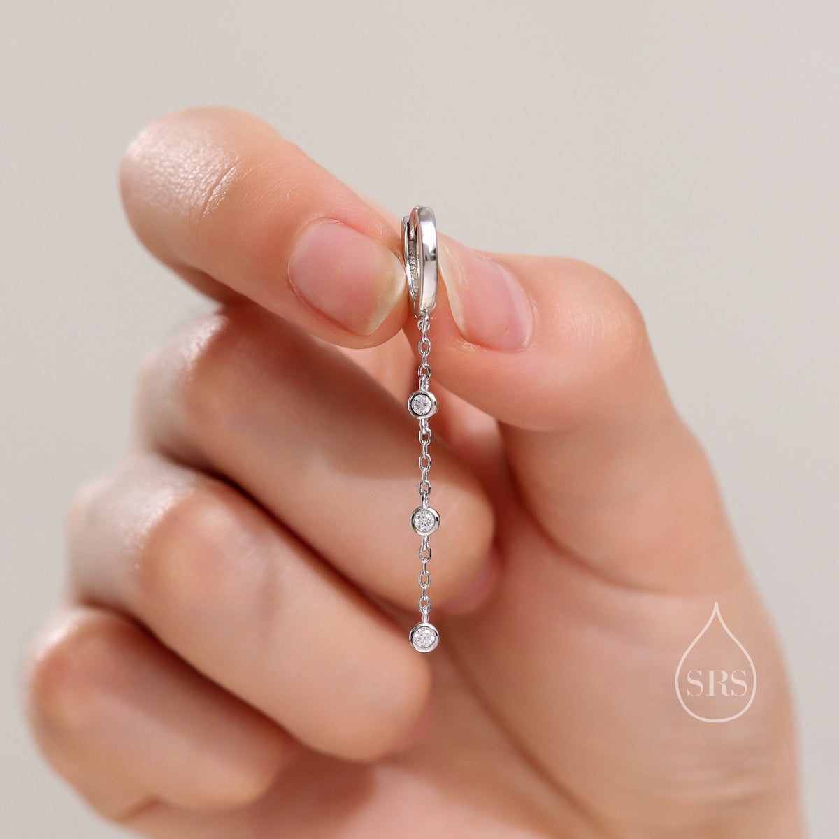 Tiny CZ Trio Chain Dangle Huggie Hoop in Sterling Silver, Silver or Gold or Rose Gold, Skinny Three CZ Drop Earrings