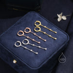 Tiny CZ Trio Chain Dangle Huggie Hoop in Sterling Silver, Silver or Gold or Rose Gold, Skinny Three CZ Drop Earrings