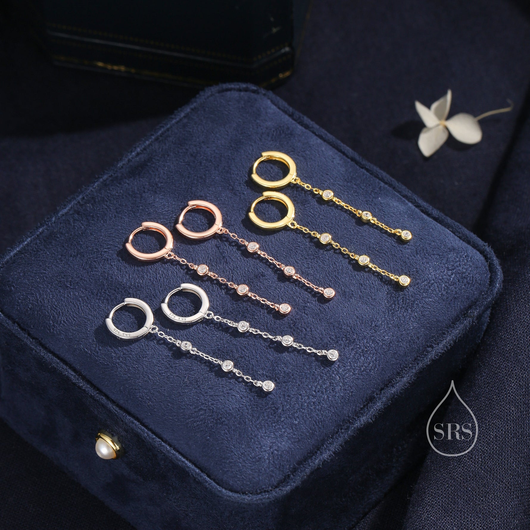 Tiny CZ Trio Chain Dangle Huggie Hoop in Sterling Silver, Silver or Gold or Rose Gold, Skinny Three CZ Drop Earrings