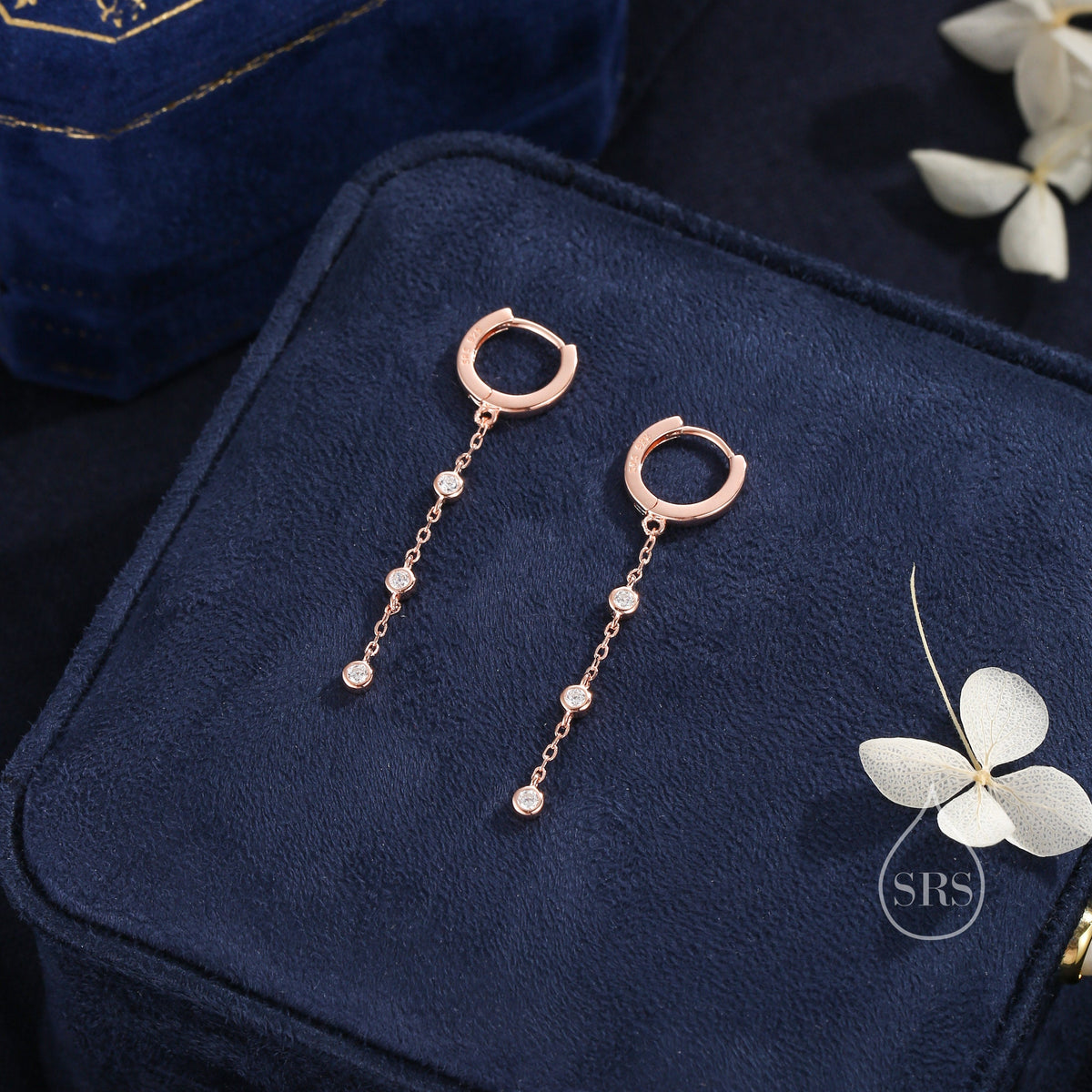 Tiny CZ Trio Chain Dangle Huggie Hoop in Sterling Silver, Silver or Gold or Rose Gold, Skinny Three CZ Drop Earrings