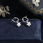 Daisy Dangle Drop Huggie Hoop in Sterling Silver, Partial Gold, Flower hoop Earrings, Forget Me Not Floral Earrings, 8mm Inner Diameter
