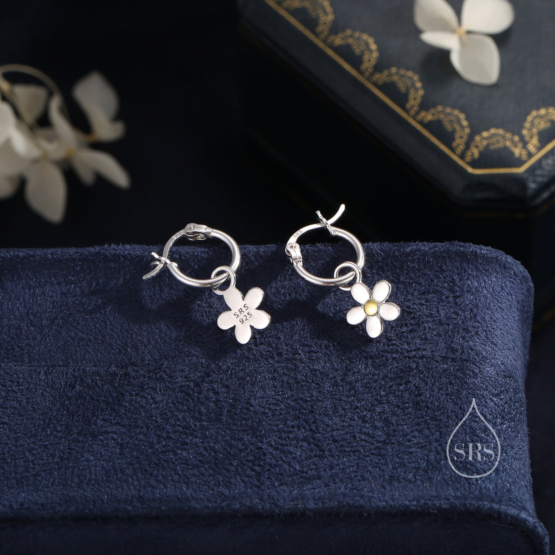 Daisy Dangle Drop Huggie Hoop in Sterling Silver, Partial Gold, Flower hoop Earrings, Forget Me Not Floral Earrings, 8mm Inner Diameter