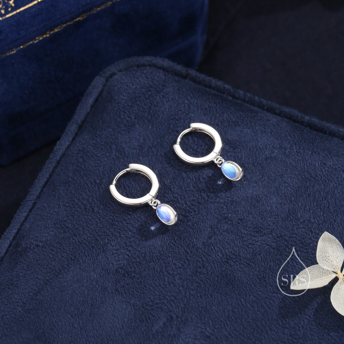 Sterling Silver Dangling Oval Moonstone Hoop Earrings, Lab Moonstone Charm Dangle Hoop Earrings, Silver or Gold