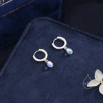 Sterling Silver Dangling Oval Moonstone Hoop Earrings, Lab Moonstone Charm Dangle Hoop Earrings, Silver or Gold
