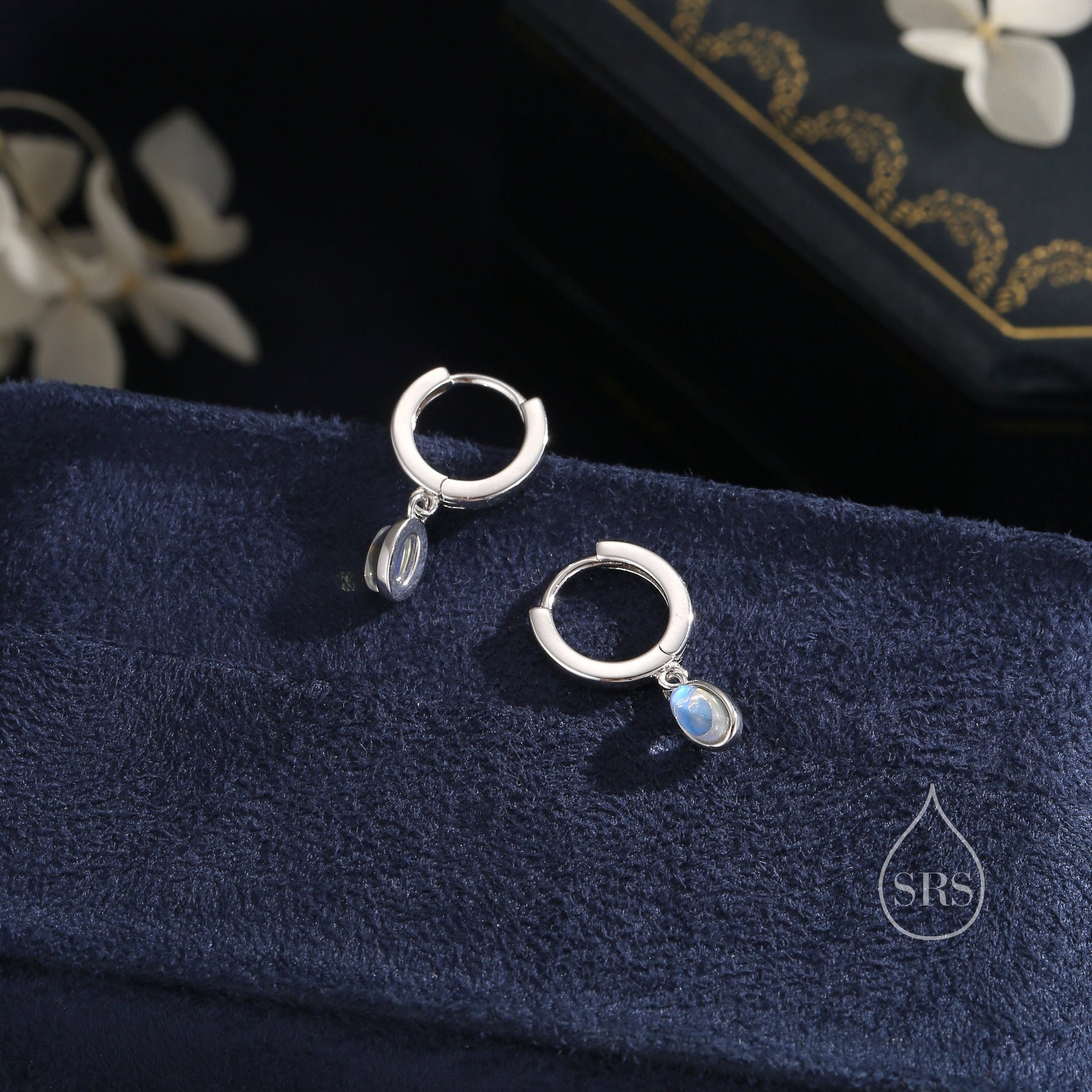 Sterling Silver Dangling Oval Moonstone Hoop Earrings, Lab Moonstone Charm Dangle Hoop Earrings, Silver or Gold