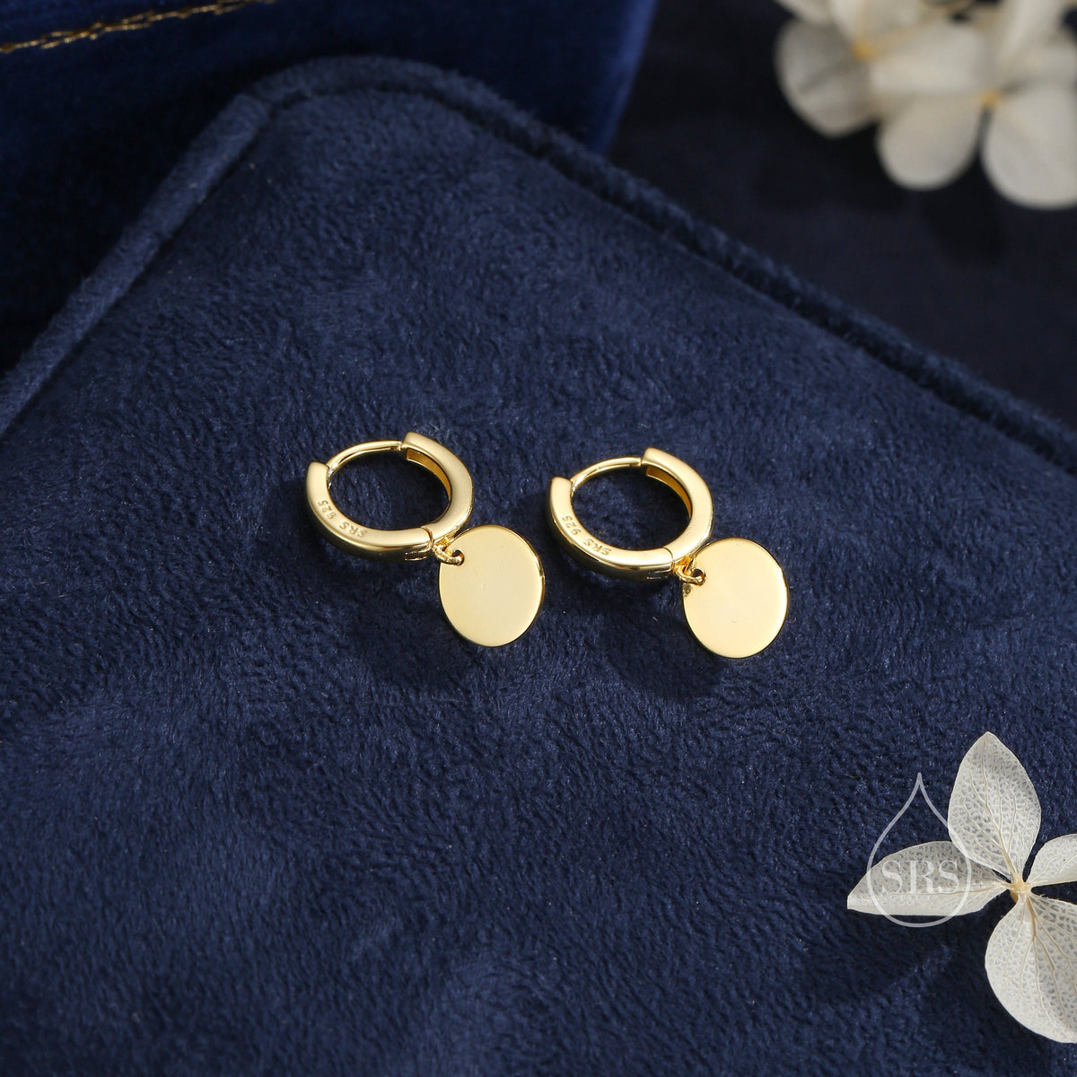 Sterling Silver Round Disk Drop Earrings, Silver or Gold, Huggie Hoop Earrings with Dangling Coins, Coin Earrings, Hoop Earrings, Disk Charm