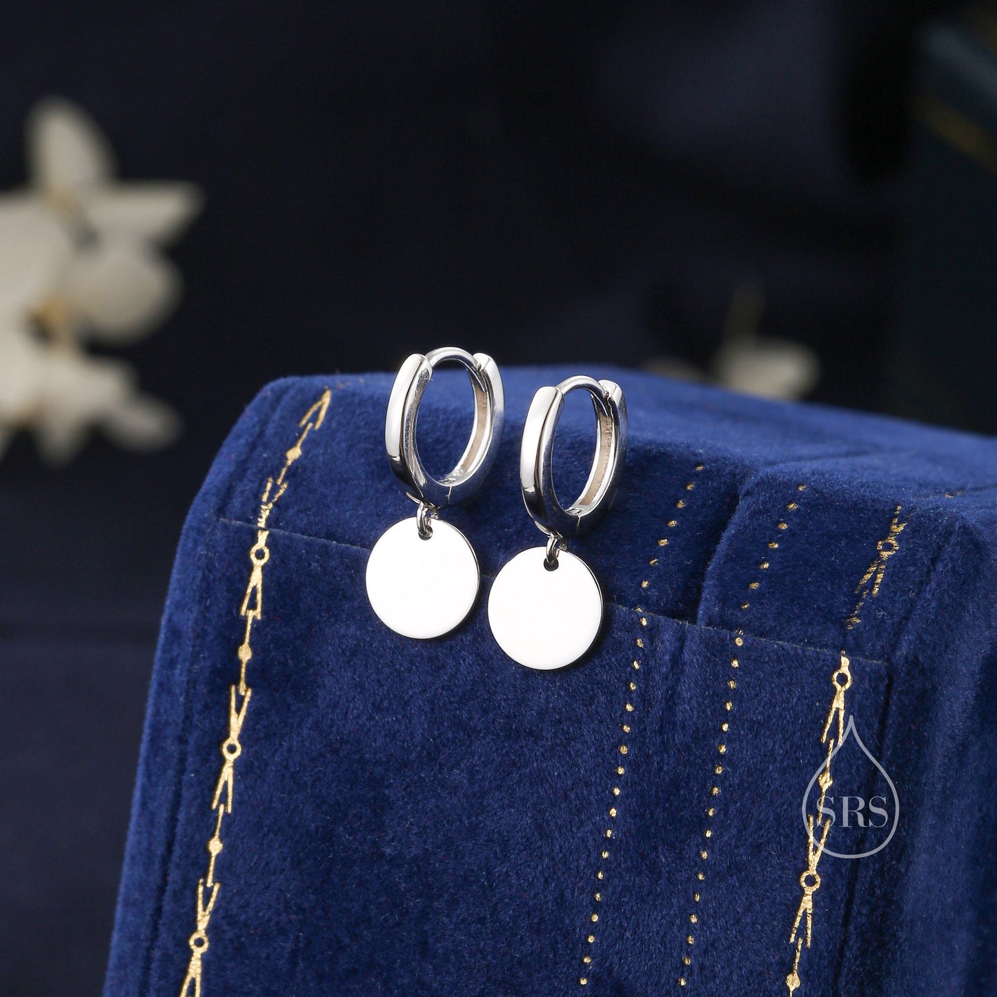 Sterling Silver Round Disk Drop Earrings, Silver or Gold, Huggie