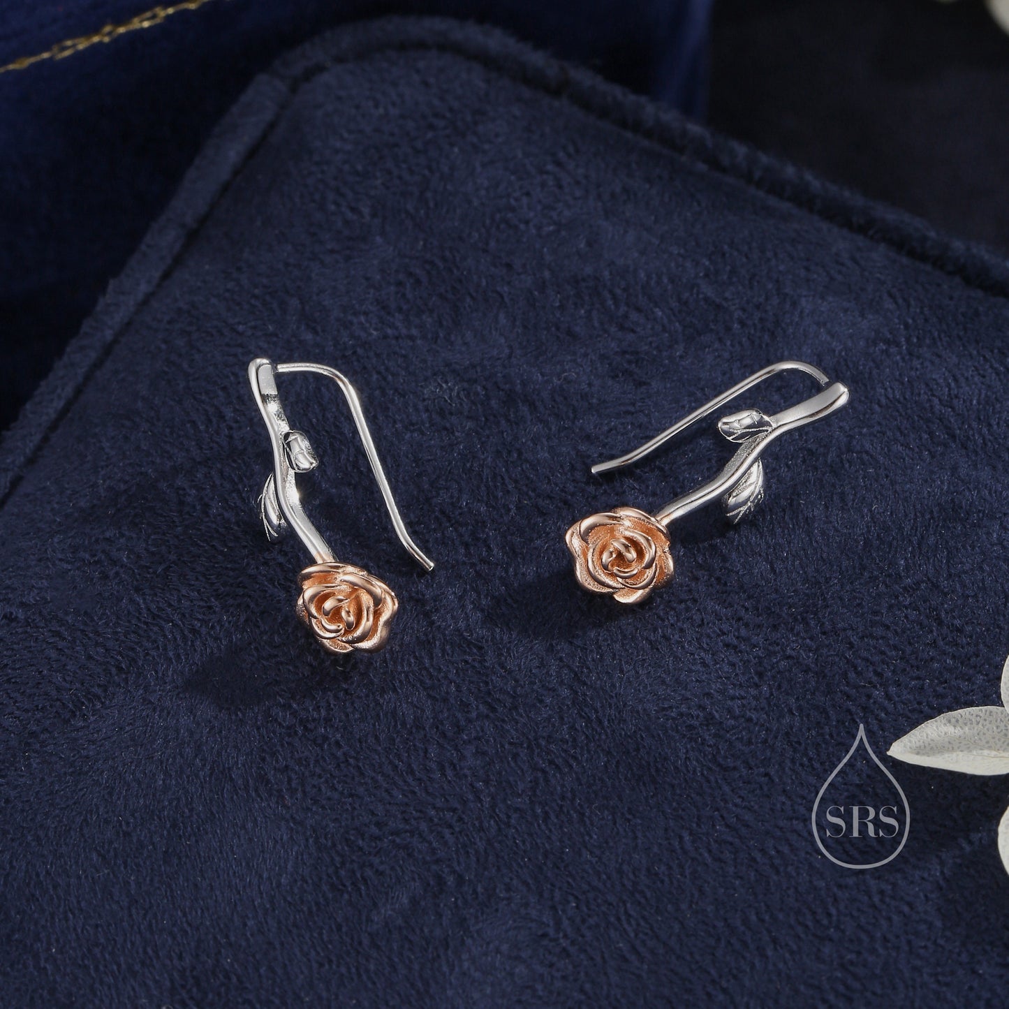 Rose Flower Crawler Earrings in Sterling Silver, Oxidised Silver or Two Tone, Nature Inspired Ear Climbers, Rose Earrings