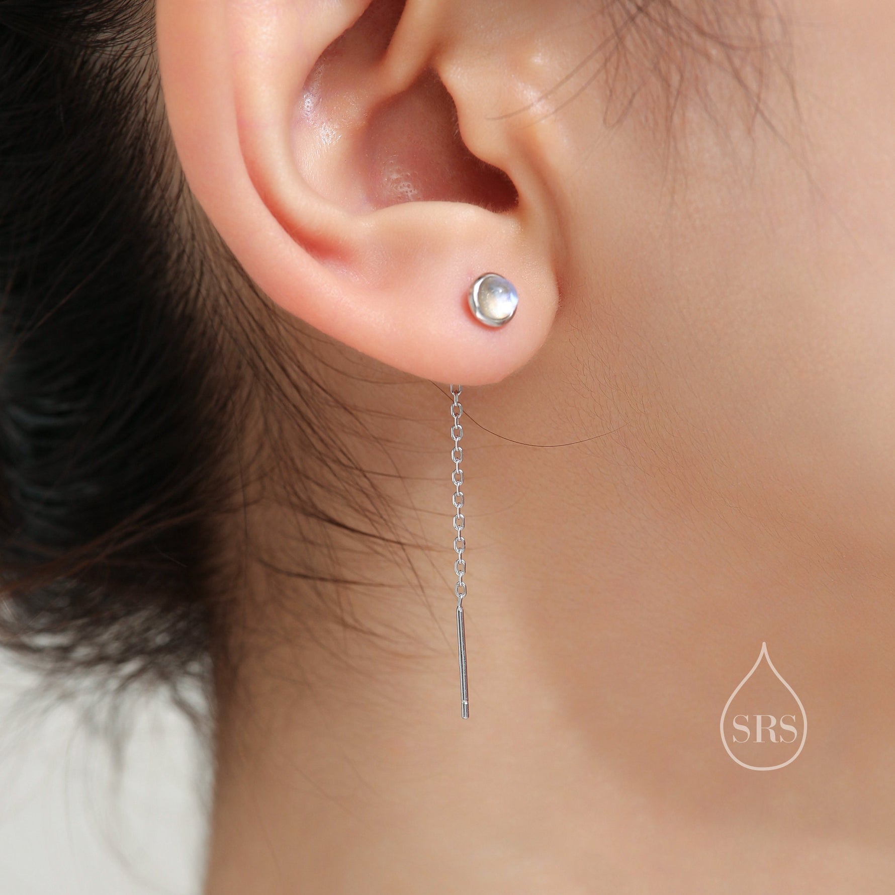 Genuine Black Onyx Dot Threader Earrings in Sterling Silver, Natural Black Onyx Ear Threaders, Silver or Gold, Chain Earrings