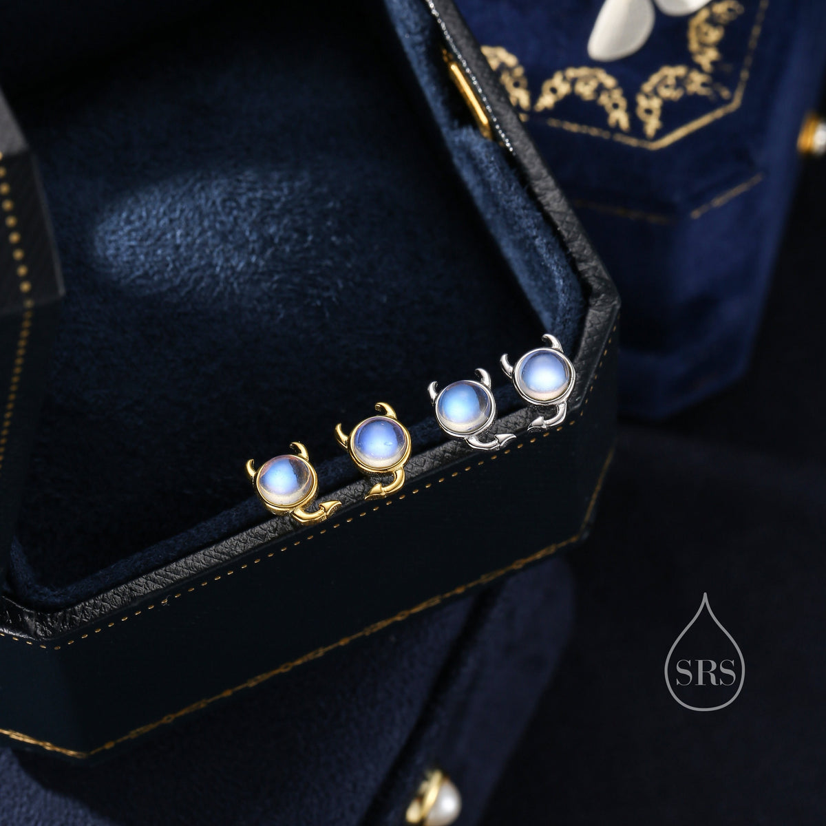 Sterling Silver Little Monster Stud Earrings with Simulated Moonstone, Silver or Gold, Small Monster Earrings, Ghost Earrings