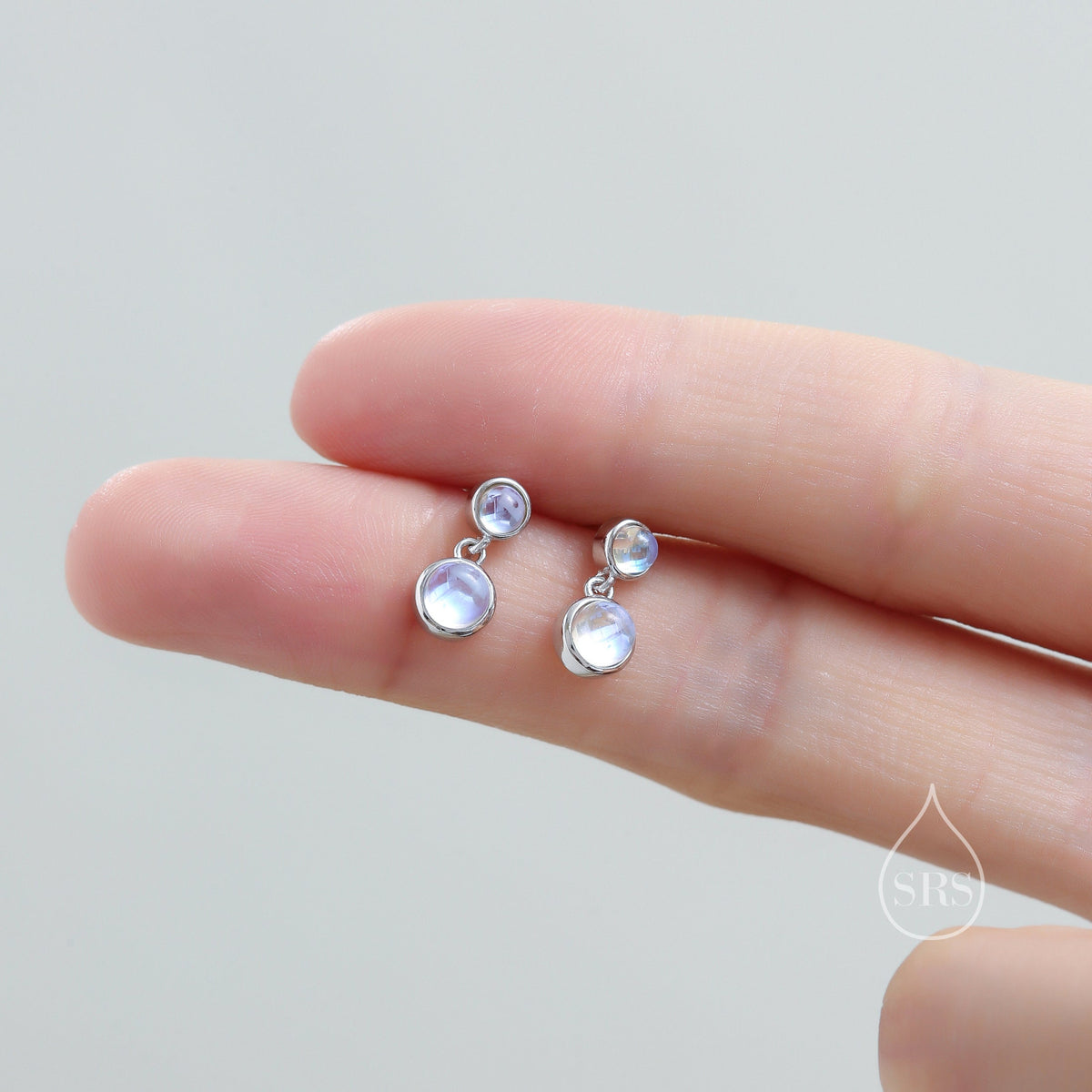 Double Moonstone Dangle Earrings in Sterling Silver, Silver or Gold, Lab Moonstone Bezel Earrings, Two Moonstone Earrings
