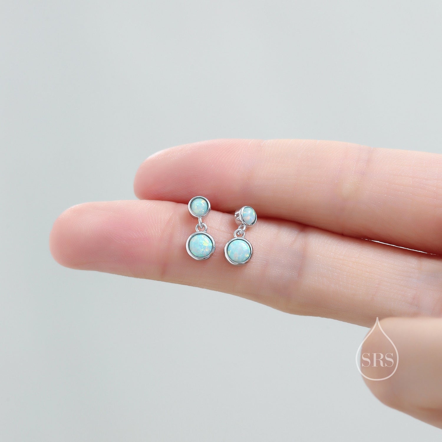 Double Opal Dangle Earrings in Sterling Silver, Silver or Gold, Lab Opal Bezel Earrings, Two Opal Earrings, Aqua Blue Opal